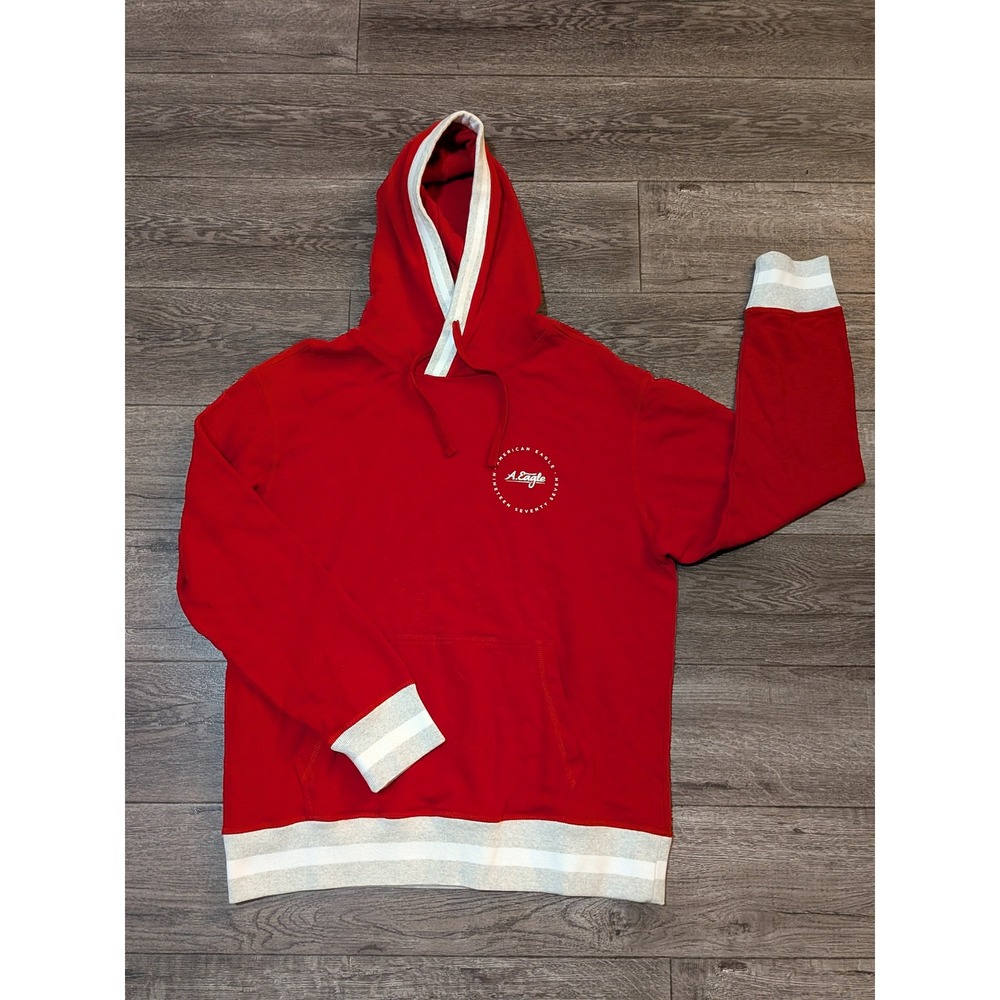 American Eagle Mens Red Striped Trim Pullover Hoodie Sweatshirt Large L 1977